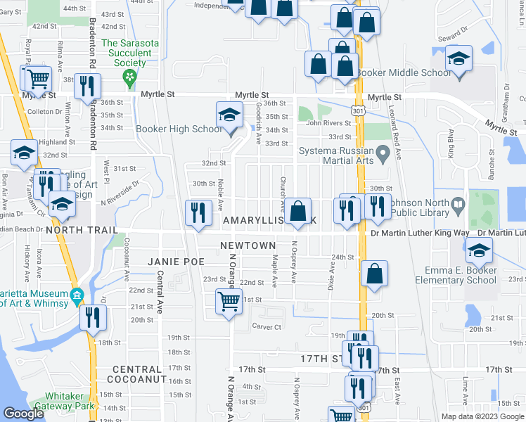 map of restaurants, bars, coffee shops, grocery stores, and more near 2814 Goodrich Avenue in Sarasota