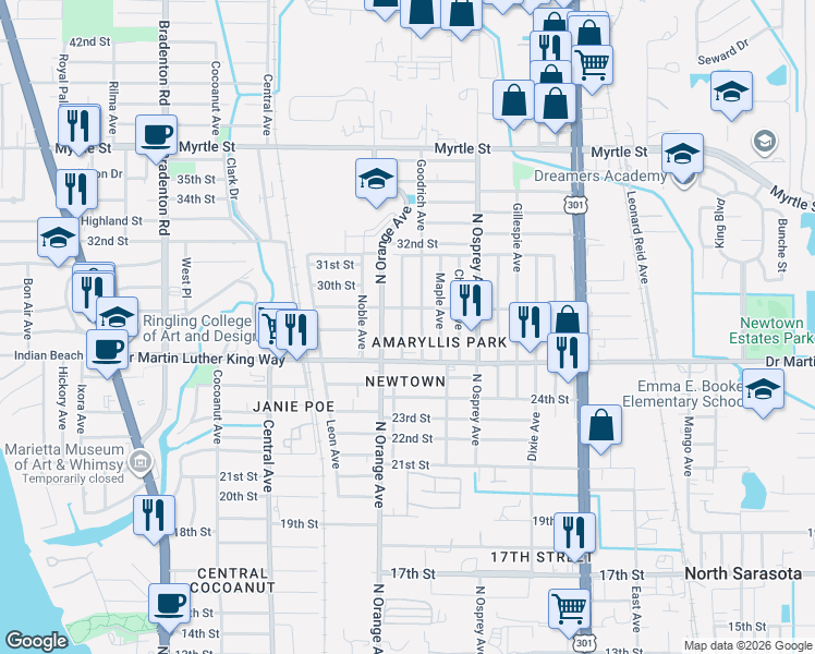 map of restaurants, bars, coffee shops, grocery stores, and more near 1648 29th Street in Sarasota