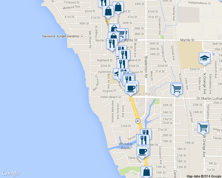 map of restaurants, bars, coffee shops, grocery stores, and more near 921 Tennessee Lane in Sarasota