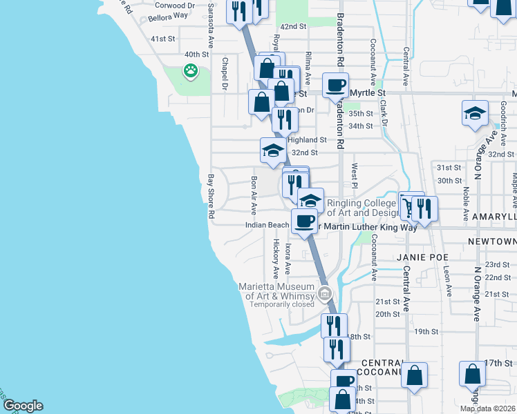 map of restaurants, bars, coffee shops, grocery stores, and more near 921 Tennessee Lane in Sarasota
