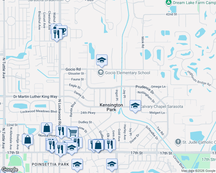 map of restaurants, bars, coffee shops, grocery stores, and more near 3585 Prudence Drive in Sarasota