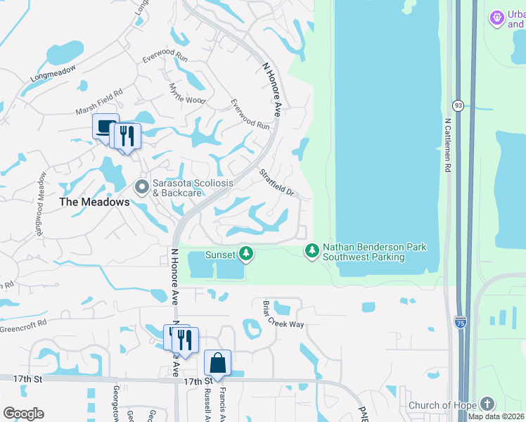 map of restaurants, bars, coffee shops, grocery stores, and more near 2929 Sandringham Place in Sarasota