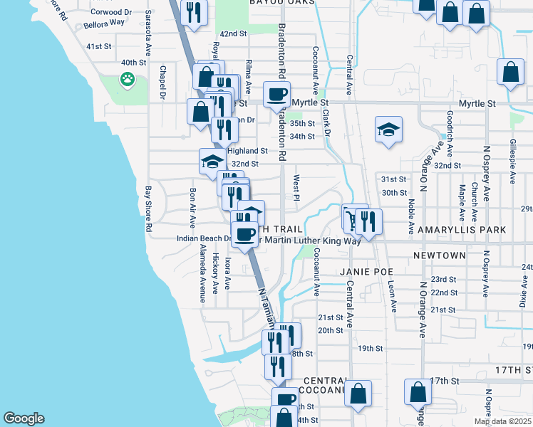 map of restaurants, bars, coffee shops, grocery stores, and more near 1130 Greensboro Lane in Sarasota