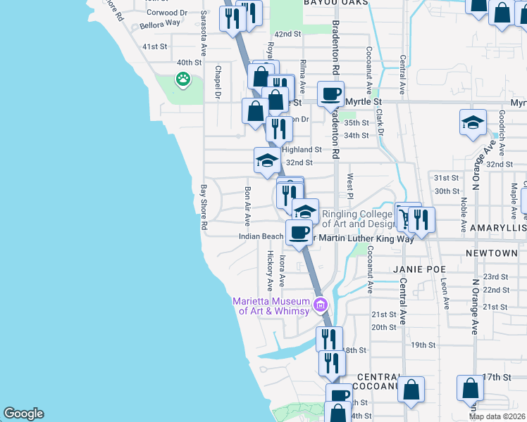 map of restaurants, bars, coffee shops, grocery stores, and more near 2839 West Tamiami Circle in Sarasota