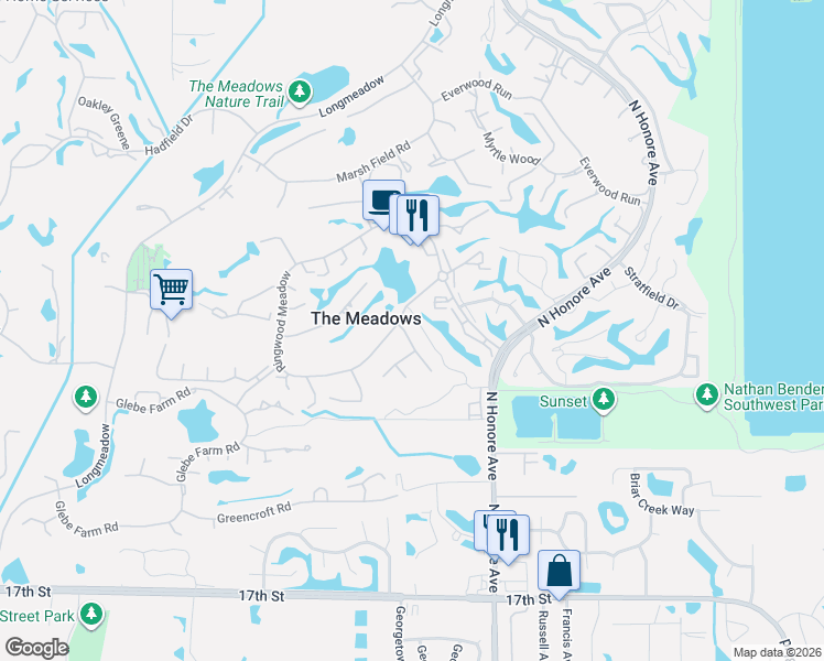 map of restaurants, bars, coffee shops, grocery stores, and more near 3107 Heatherwood Lane in Sarasota