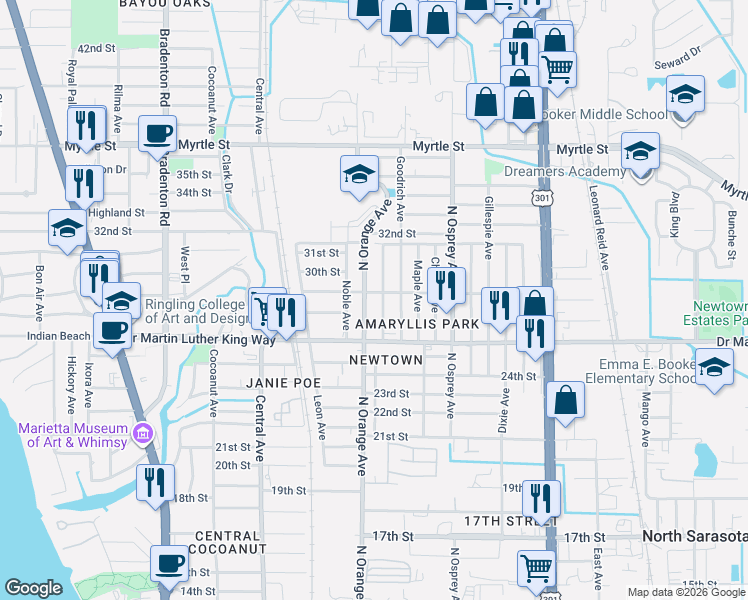 map of restaurants, bars, coffee shops, grocery stores, and more near 1648 29th Street in Sarasota