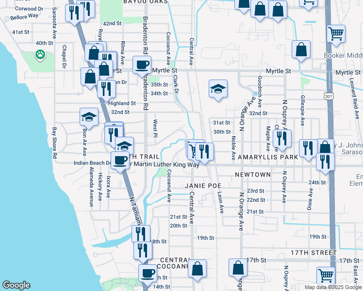 map of restaurants, bars, coffee shops, grocery stores, and more near 2823 Riverside Drive in Sarasota