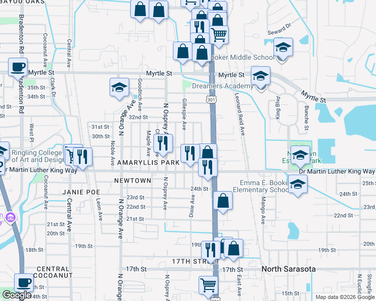 map of restaurants, bars, coffee shops, grocery stores, and more near 1908 29th Street in Sarasota