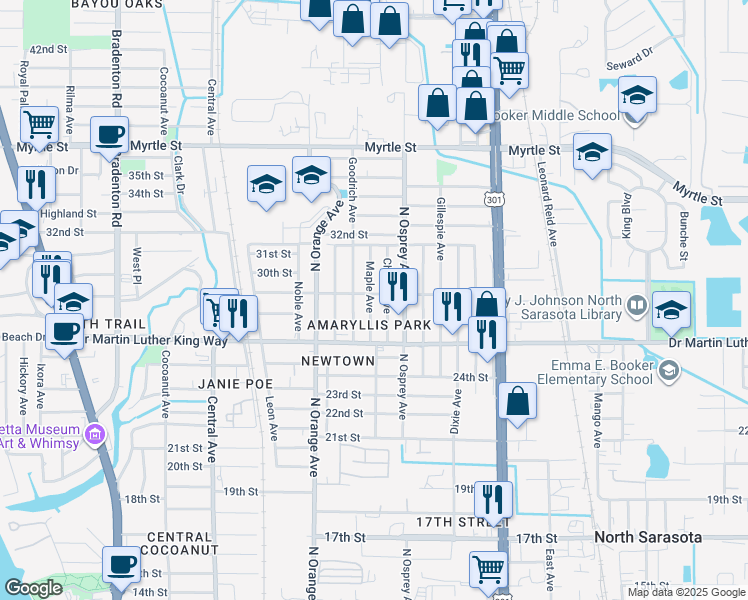 map of restaurants, bars, coffee shops, grocery stores, and more near 2838 Maple Avenue in Sarasota