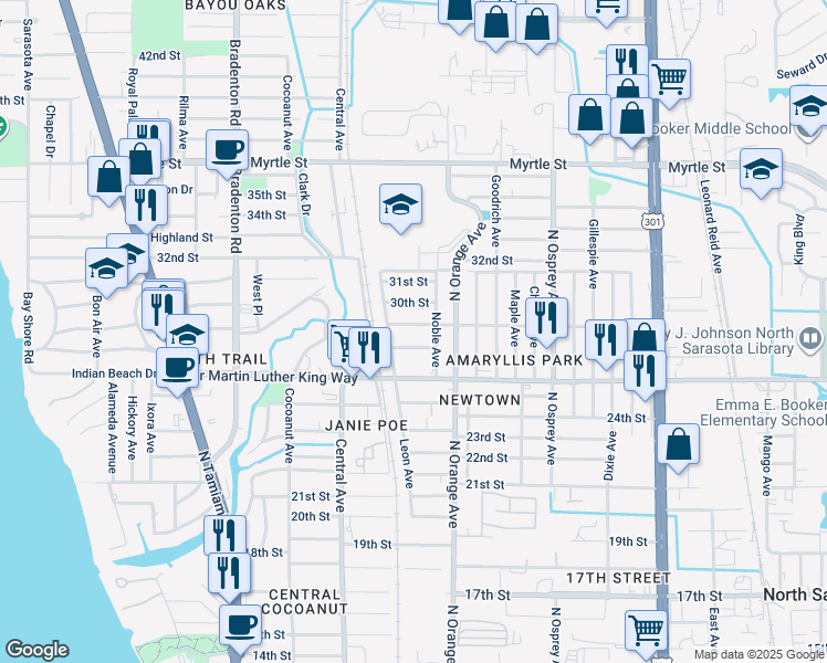 map of restaurants, bars, coffee shops, grocery stores, and more near 1550 29th Street in Sarasota