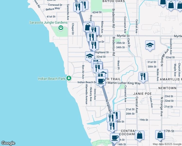 map of restaurants, bars, coffee shops, grocery stores, and more near 2839 West Tamiami Circle in Sarasota