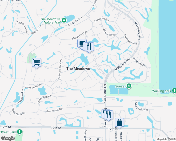 map of restaurants, bars, coffee shops, grocery stores, and more near 3107 Heatherwood Lane in Sarasota