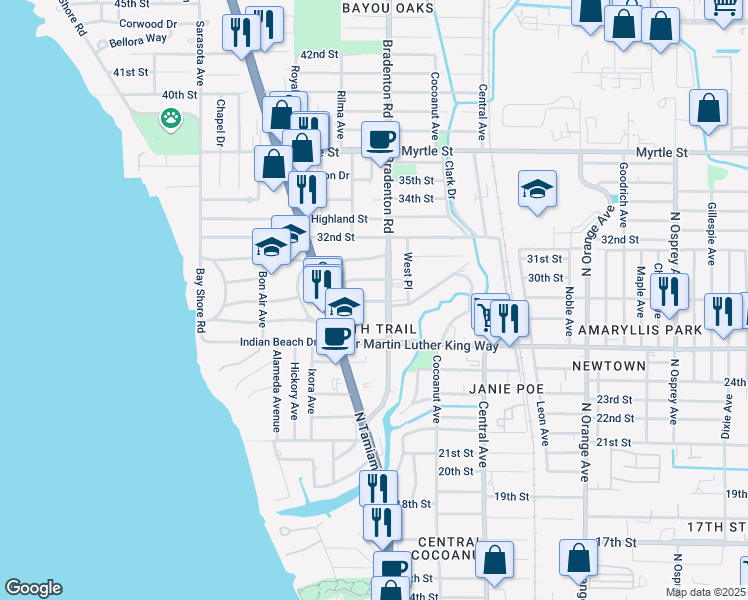 map of restaurants, bars, coffee shops, grocery stores, and more near 1130 Greensboro Lane in Sarasota