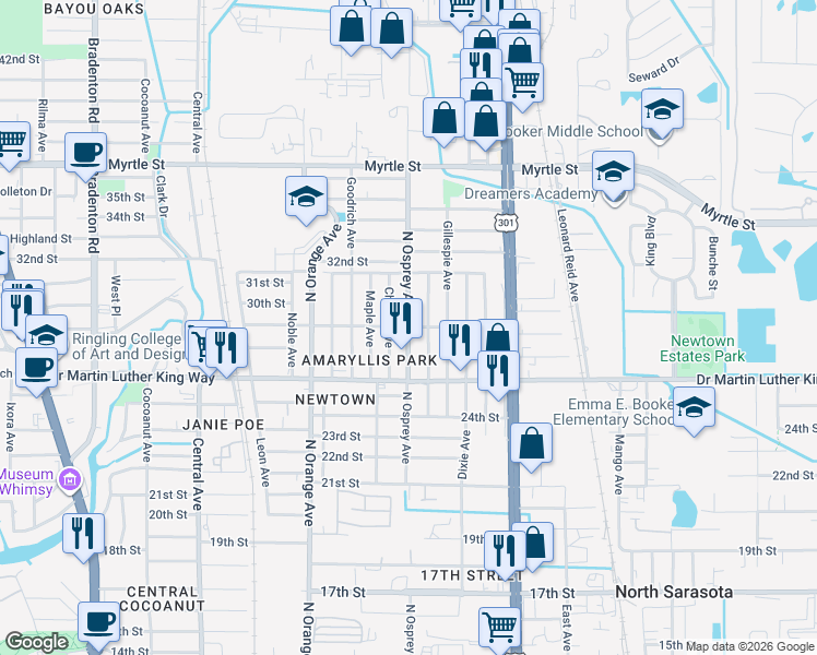 map of restaurants, bars, coffee shops, grocery stores, and more near 2899 North Osprey Avenue in Sarasota