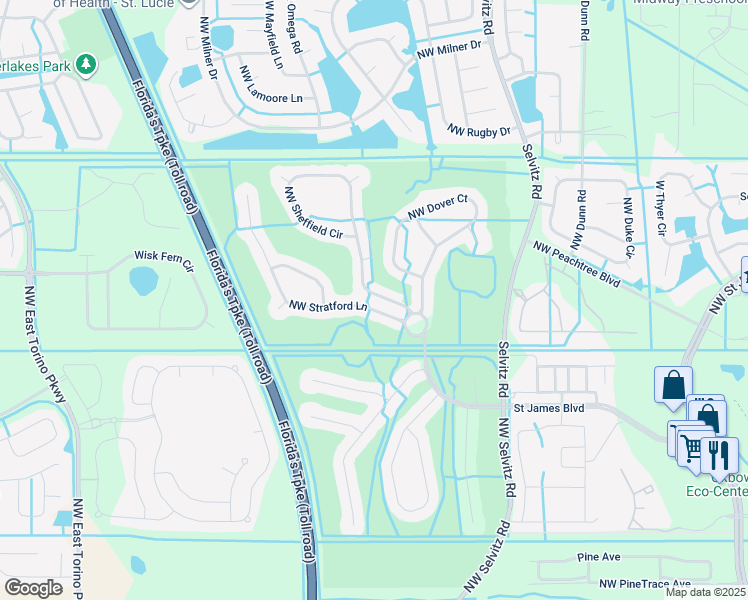 map of restaurants, bars, coffee shops, grocery stores, and more near 319 Northwest Sheffield Circle in Port St. Lucie