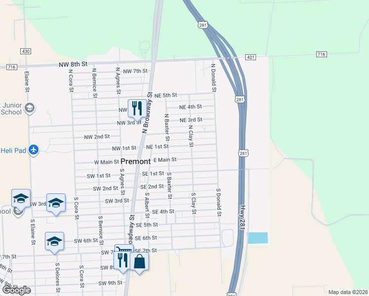map of restaurants, bars, coffee shops, grocery stores, and more near 334 Northeast 1st Street in Premont