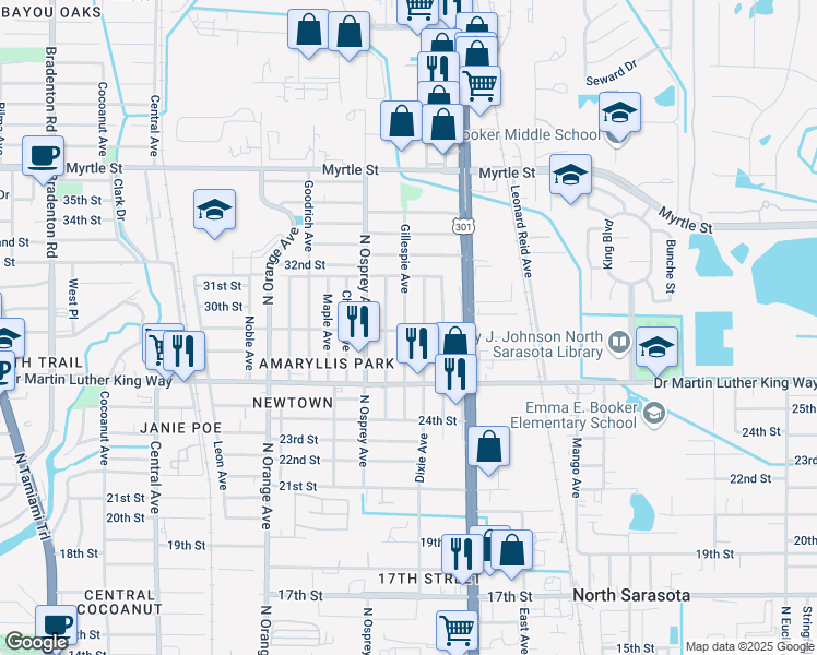 map of restaurants, bars, coffee shops, grocery stores, and more near 1903 29th Street in Sarasota