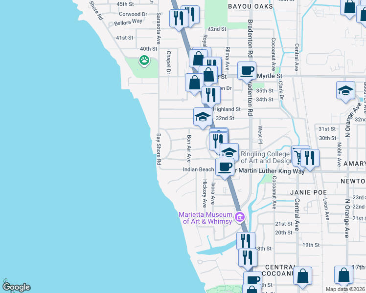 map of restaurants, bars, coffee shops, grocery stores, and more near 921 Tennessee Lane in Sarasota