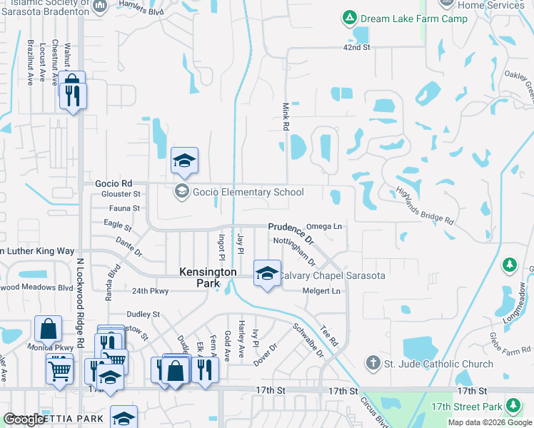 map of restaurants, bars, coffee shops, grocery stores, and more near 3813 Prudence Drive in Sarasota