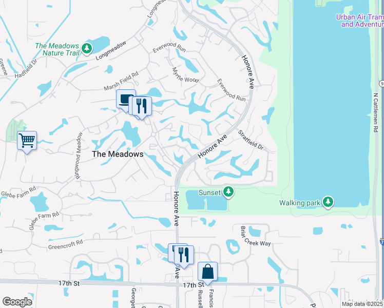 map of restaurants, bars, coffee shops, grocery stores, and more near 5401 Downham Mdw in Sarasota