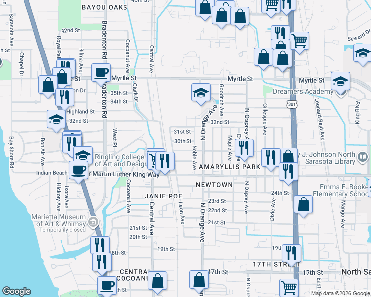 map of restaurants, bars, coffee shops, grocery stores, and more near 1522 29th Street in Sarasota