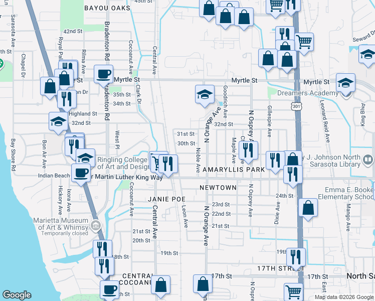 map of restaurants, bars, coffee shops, grocery stores, and more near 1522 29th Street in Sarasota