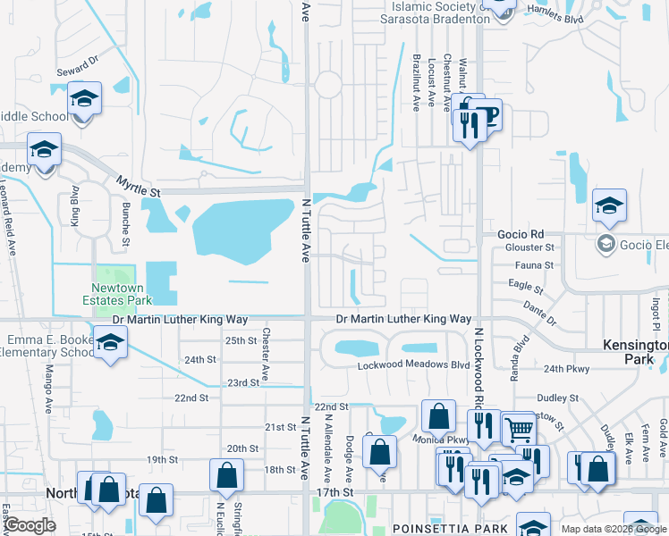 map of restaurants, bars, coffee shops, grocery stores, and more near 2890 Palm Lake Drive in Sarasota