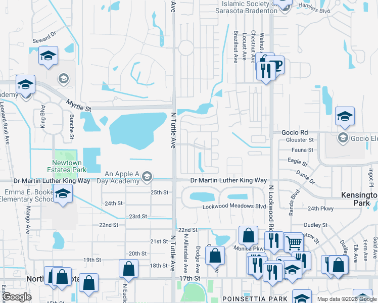 map of restaurants, bars, coffee shops, grocery stores, and more near 2890 Palm Lake Drive in Sarasota