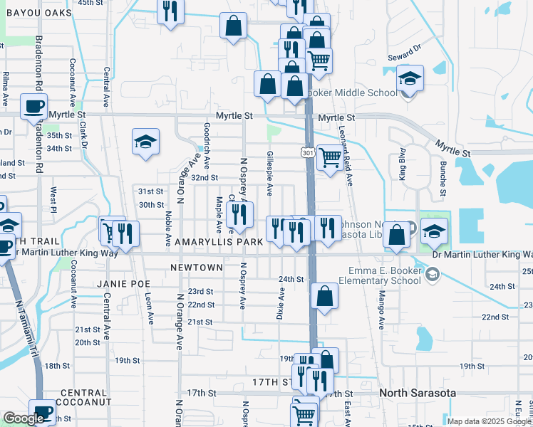 map of restaurants, bars, coffee shops, grocery stores, and more near 1903 29th Street in Sarasota