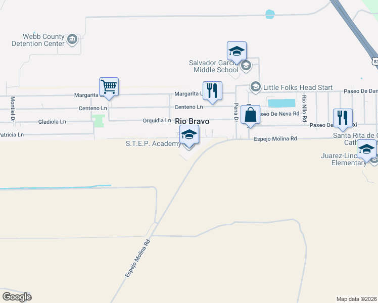 map of restaurants, bars, coffee shops, grocery stores, and more near 1600 Espejo Molina Road in Laredo