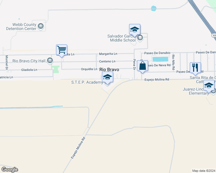 map of restaurants, bars, coffee shops, grocery stores, and more near 1600 Espejo Molina Road in Laredo
