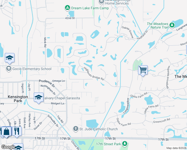 map of restaurants, bars, coffee shops, grocery stores, and more near 3000 Highlands Bridge Road in Sarasota