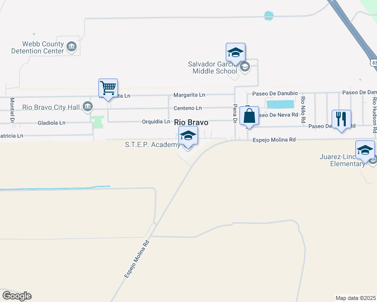 map of restaurants, bars, coffee shops, grocery stores, and more near 1600 Espejo Molina Road in Laredo