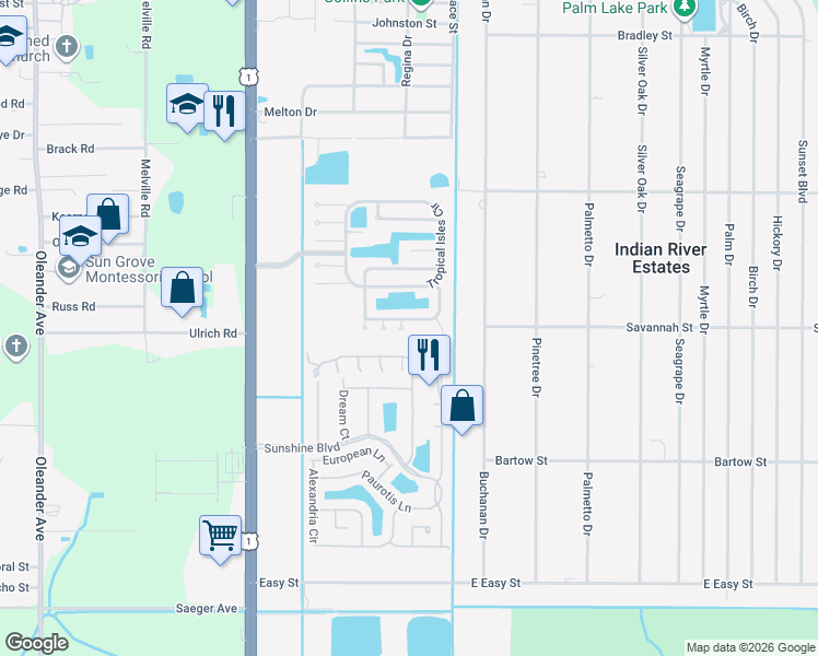 map of restaurants, bars, coffee shops, grocery stores, and more near 5680 Sandfly Court in Fort Pierce