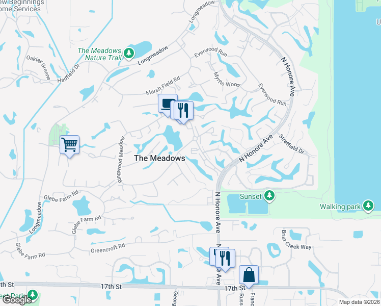 map of restaurants, bars, coffee shops, grocery stores, and more near 3107 Heatherwood Lane in Sarasota