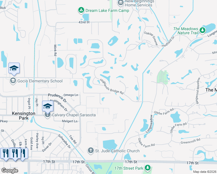 map of restaurants, bars, coffee shops, grocery stores, and more near 3000 Highlands Bridge Road in Sarasota