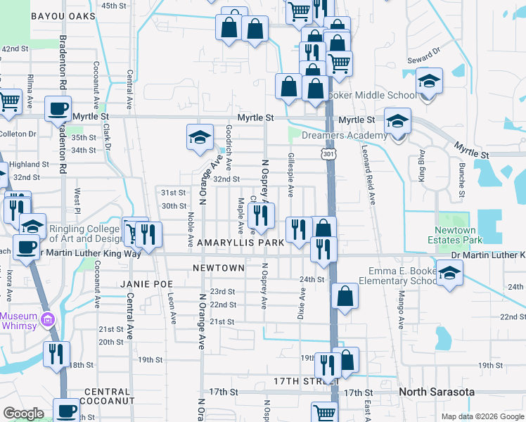 map of restaurants, bars, coffee shops, grocery stores, and more near 2899 North Osprey Avenue in Sarasota