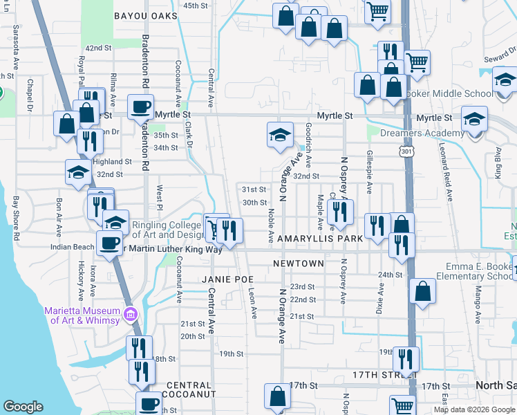 map of restaurants, bars, coffee shops, grocery stores, and more near 1522 29th Street in Sarasota
