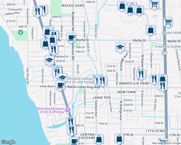 map of restaurants, bars, coffee shops, grocery stores, and more near 2823 Riverside Drive in Sarasota