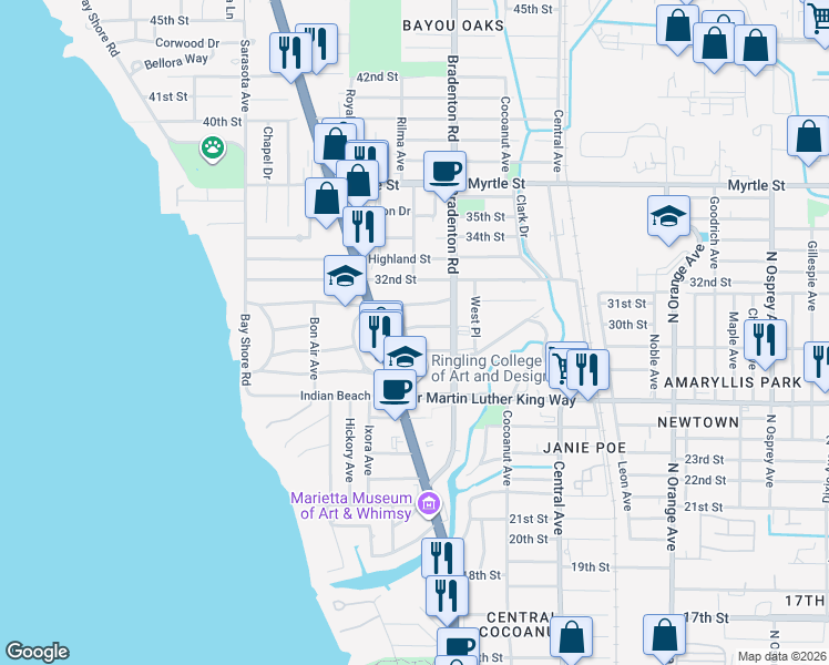 map of restaurants, bars, coffee shops, grocery stores, and more near 1130 Greensboro Lane in Sarasota