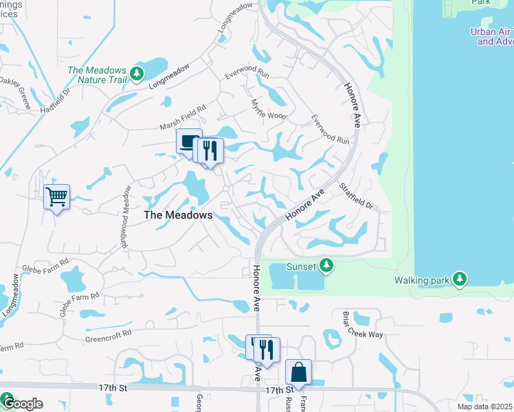 map of restaurants, bars, coffee shops, grocery stores, and more near 3149 Windrush Bourne in Sarasota