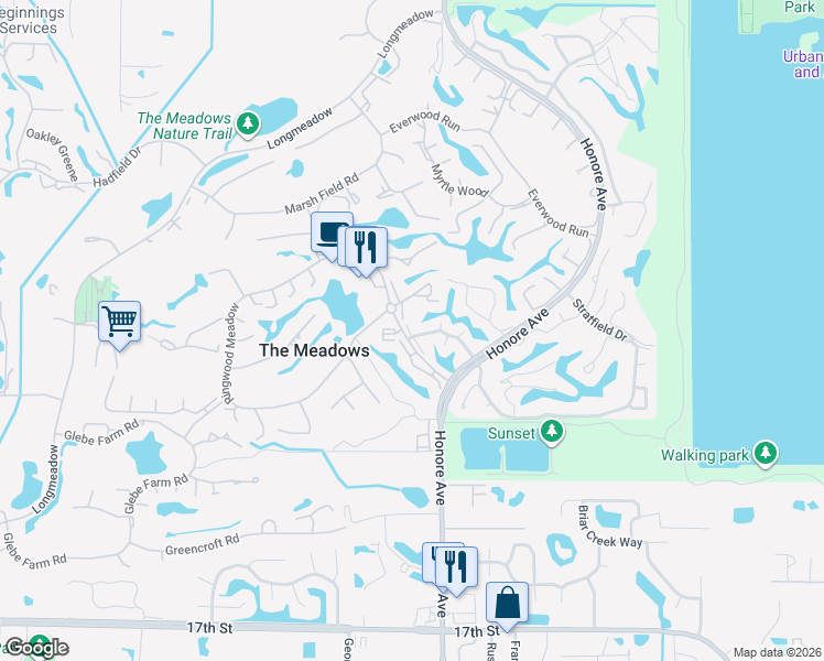 map of restaurants, bars, coffee shops, grocery stores, and more near 5184 Lake Village Drive in Sarasota