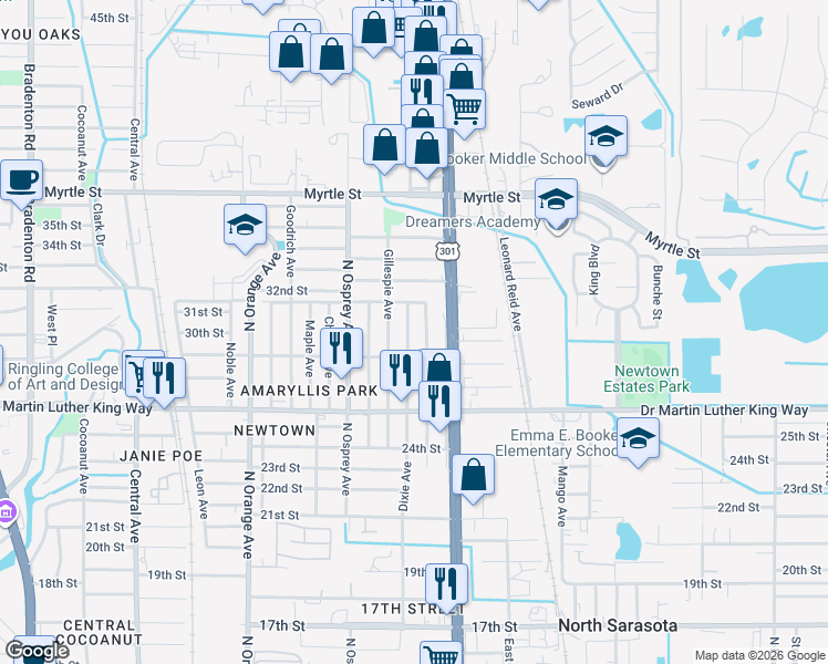 map of restaurants, bars, coffee shops, grocery stores, and more near 3024 Pershing Avenue in Sarasota