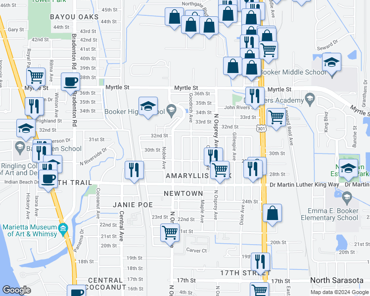 map of restaurants, bars, coffee shops, grocery stores, and more near 2950 Palmadelia Avenue in Sarasota