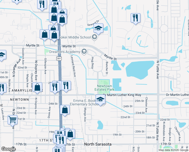 map of restaurants, bars, coffee shops, grocery stores, and more near in North Sarasota