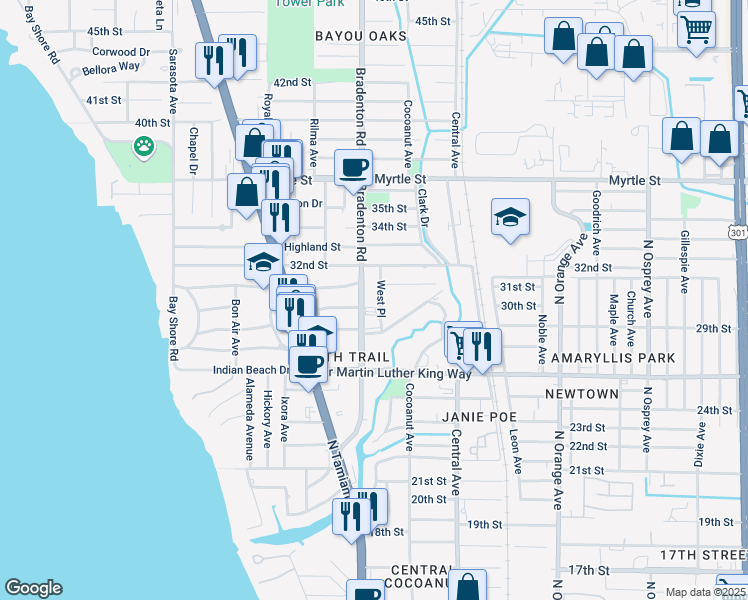 map of restaurants, bars, coffee shops, grocery stores, and more near 3041 West Place in Sarasota