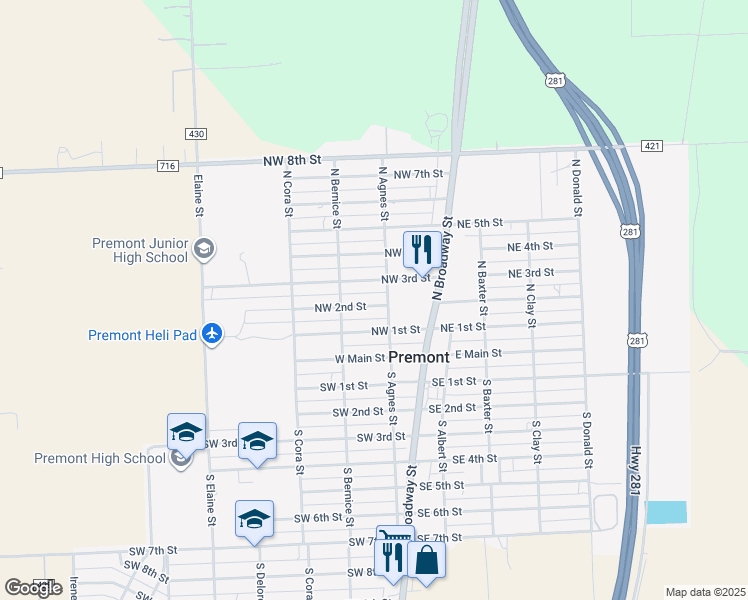 map of restaurants, bars, coffee shops, grocery stores, and more near 214 Northwest 2nd Street in Premont