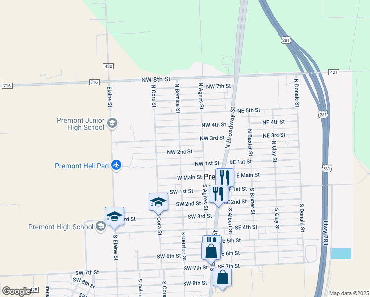 map of restaurants, bars, coffee shops, grocery stores, and more near 309 North Bernice Street in Premont