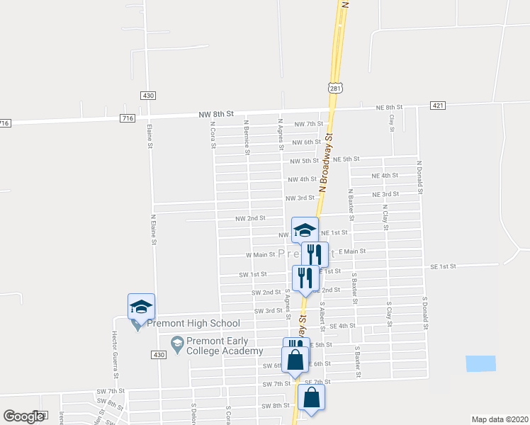 map of restaurants, bars, coffee shops, grocery stores, and more near 228 Northwest 2nd Street in Premont