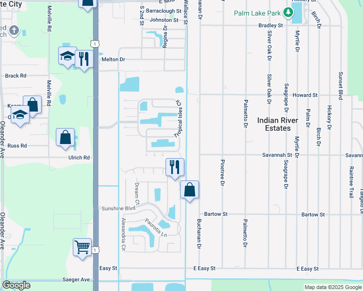 map of restaurants, bars, coffee shops, grocery stores, and more near 484 Tropical Isles Circle in Fort Pierce